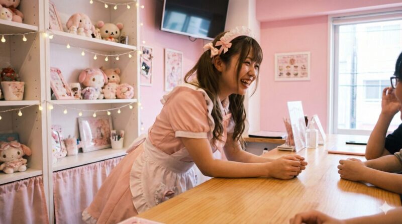 カウンター越しにお客さんと会話する、可愛い制服姿のコンカフェキャスト