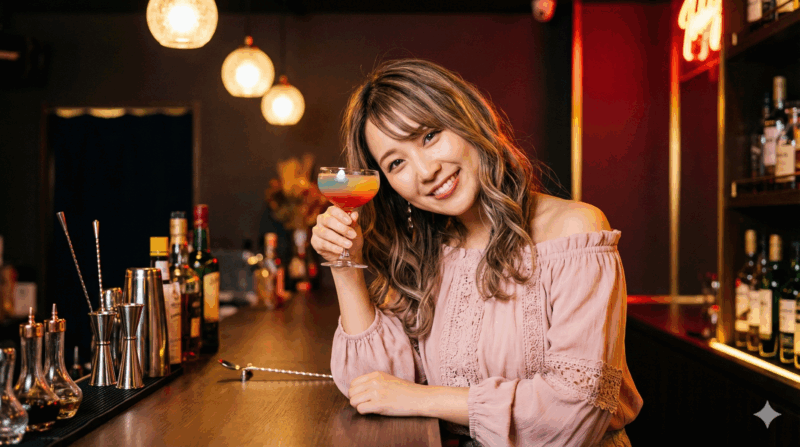 おしゃれなバーで、カラフルなカクテルを手に笑顔でこちらを見ている女性バーテンダー