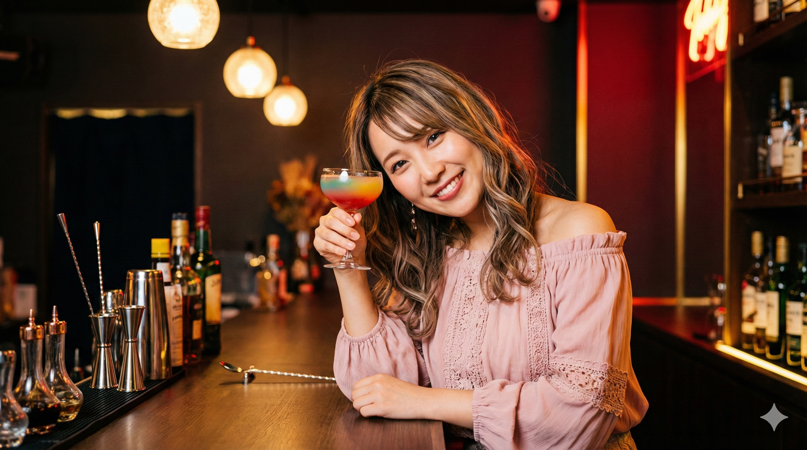 おしゃれなバーで、カラフルなカクテルを手に笑顔でこちらを見ている女性バーテンダー